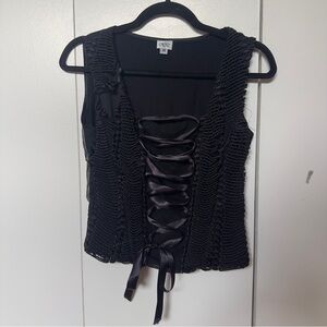 CACHÉ Lace-Up Corset Style Top | Black Textured Appliqué Sleeveless